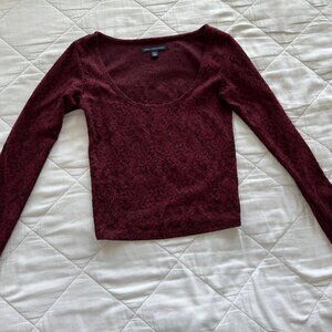 American Eagle Maroon Floral Print Long Sleeve Crop Top, Women's XS